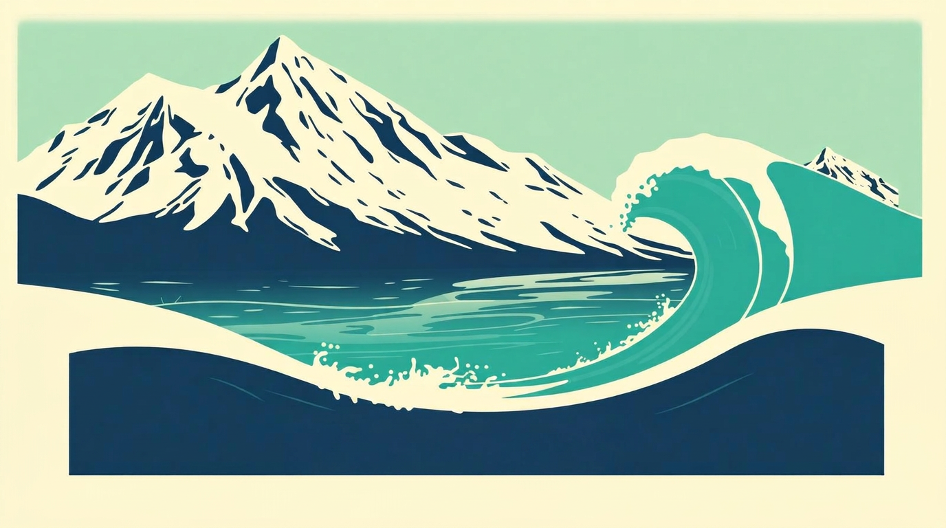 Illustration of Alaïa Bay Wavegarden Cove tucked into Swiss Alps with snow-capped peaks.