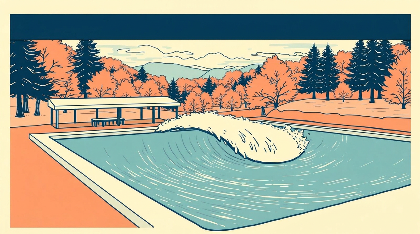 Illustration of a private-club wave pool in the Hudson Valley with autumn trees in the background.