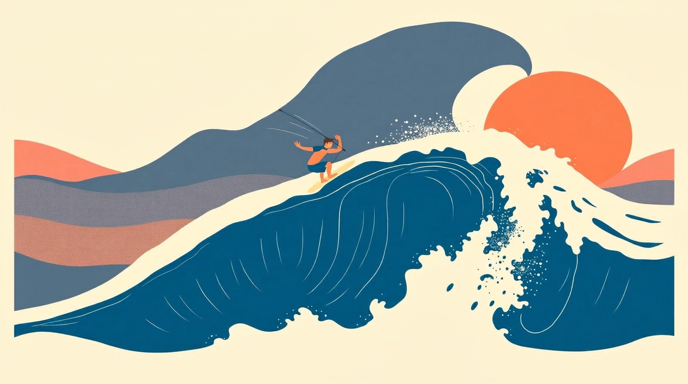 Illustration of a PerfectSwell pneumatic wave pool with an air ramp section and a surfer boosting an air.