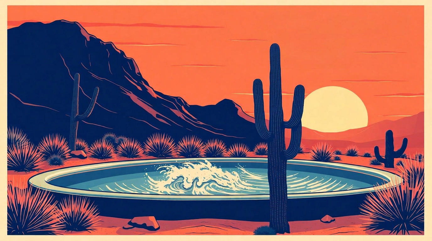 Illustration of Revel Surf Mesa Swell MFG wave pool in Arizona desert with saguaro cactus at sunset.