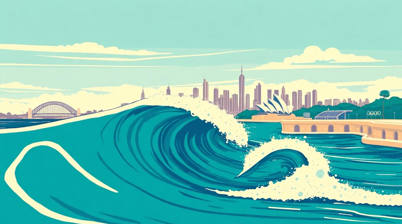 Illustration of URBNSURF Sydney Wavegarden Cove pool at Sydney Olympic Park with city skyline behind.